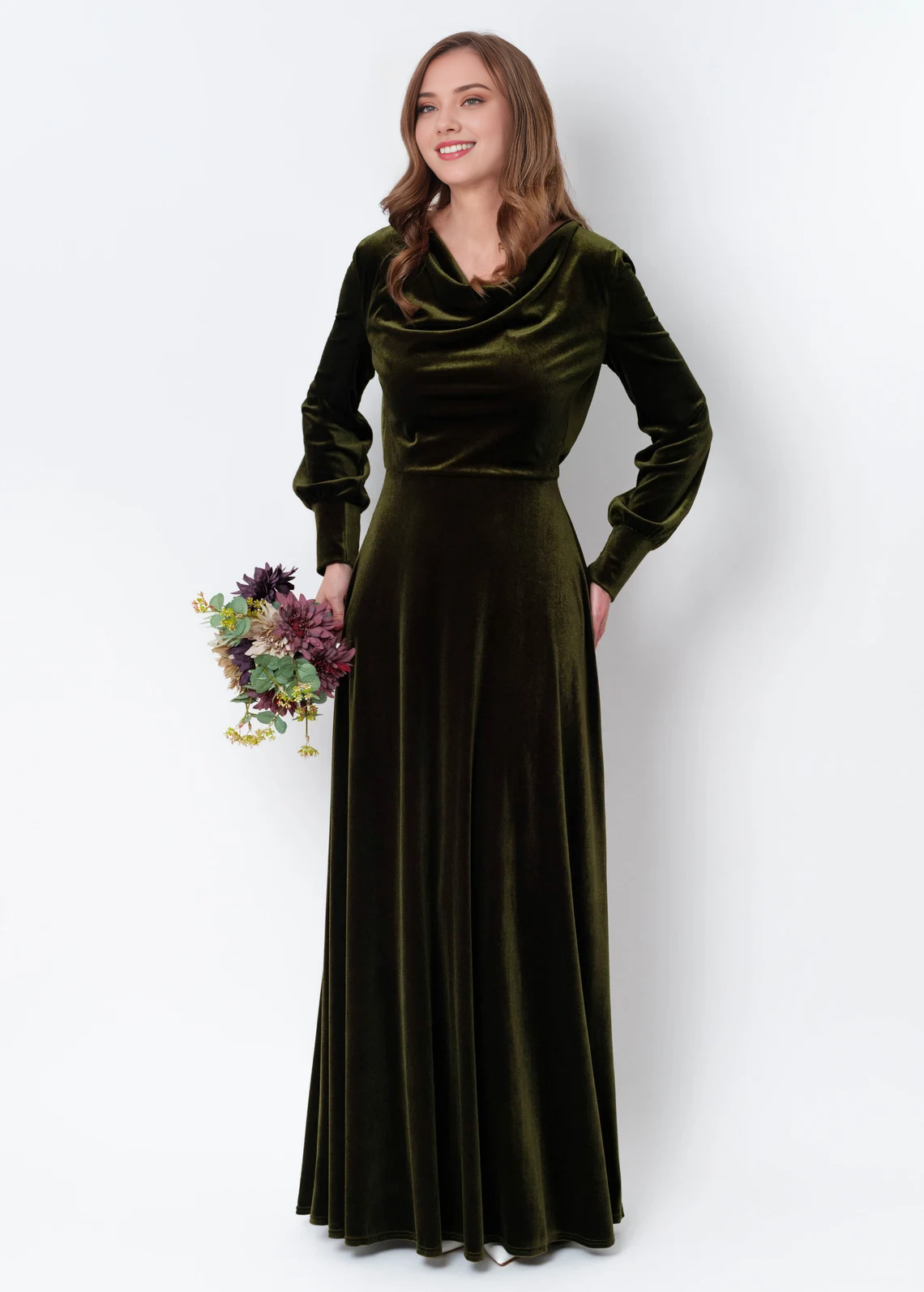 Robe longue en velours vert olive, robe de demoiselle d'honneur en velours, robe d'invitée de mariage, robe en velours fendue en velours, robe longue, robe de soirée
